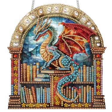 Imagem de Reofrey Kits de arte de diamante para pendurar para adultos - 20 x 20 cm livro de dinossauros placa acrílica padrão dupla face arte diamante pingente, arte de cristal DIY para decoração de parede ou