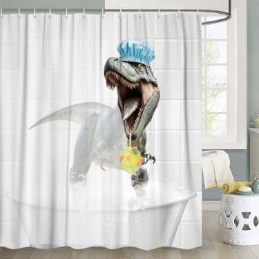 Imagem de Xguatan Cortinas de chuveiro engraçadas de tecido dinossauro legal animal raptor tiranossauro Rex cortina de chuveiro branca divertida infantil impermeável cortina de banheira poliéster com 12 ganchos