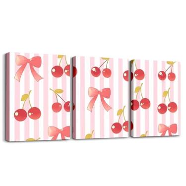 Imagem de jejeloiu Arte de parede em tela infantil com laço rosa para sala de estar quarto decoração de parede colorida com laço para banheiro frutas meninos meninas arte pôsteres pintura cereja 30,5 x 40,6 cm