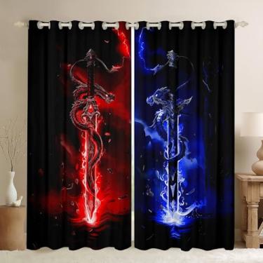 Imagem de Feelyou Cortinas blackout abstratas com sabre de luz 30%-50% para decoração de casa, dragão escurecimento para quarto, sala de estar, jogo, espada néon, vermelha, azul, cortinas, 106 cm L x 163 cm, 2