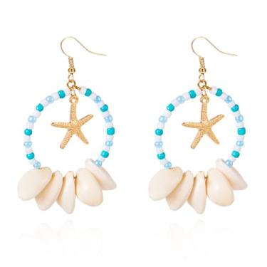 Imagem de Peasimy Brincos femininos de estrela-do-mar Boho com contas de arroz geométricas pendentes redondas para o verão, litoral, náutico, joias de praia, Large, Metal, Sem pedra preciosa