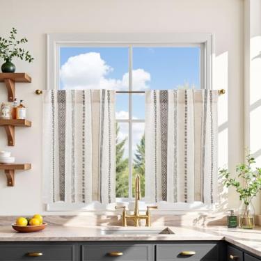 Imagem de jinchan Cortinas de cozinha Boho Cortinas de linho de 61 cm com padrão geométrico café boêmia pequena filtragem de luz tratamento de janela para sala de estar RV aba traseira 2 painéis, preto em linho
