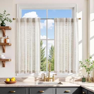 Imagem de jinchan Boho Cortinas de cozinha 91 cm cinza de linho com padrão geométrico café boêmia pequena filtragem de luz tratamento de janela para sala de estar RV aba traseira 2 painéis cinza em linho