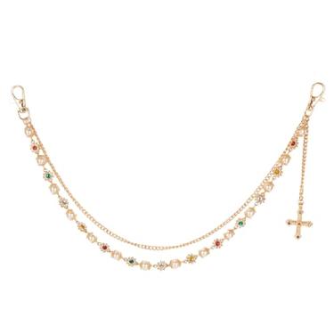 Imagem de Corrente de Calça Dourada, Corrente Jeans Multicamadas da Moda Pérola Strass,Cruz Hip Hop Acessórios Calças Joias Unissex