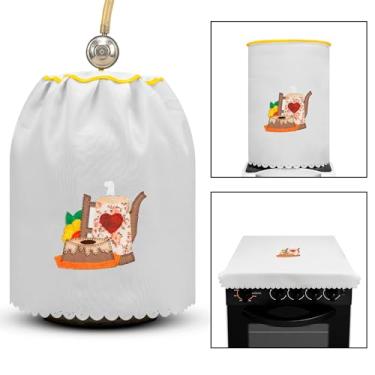 Imagem de Kit de Cozinha 3 Peças Estampado para Botijão, Fogão e Galão de Água, Oxford 100% Poliéster, Branco e Amarelo