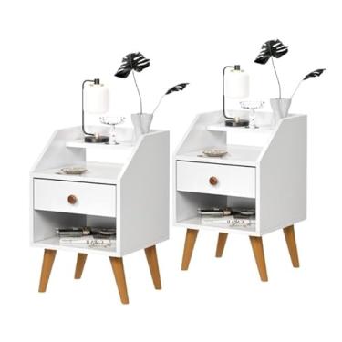 Imagem de Mesa de Cabeceira Retrô Pés Palito Com 1 Gaveta Criado Quarto Decoração (Kit 2 Branco)