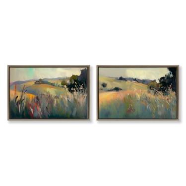 Imagem de Stupell Industries Conjunto de tela flutuante com moldura marrom de 2 peças Tranquil Plains Hillside por Elara Yasna, 43 x 63 cm