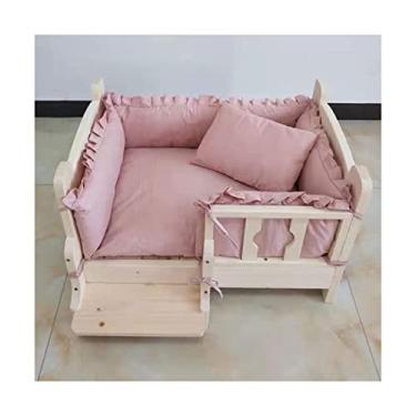 Imagem de Cama para cães sofá-cama de madeira para animais de estimação, cama elevada para cães, gatos, cães, com corrimão de escadas e colchão lavável macio, quatro estações, uso para cães e gatos