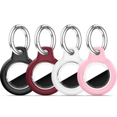 Imagem de Pacote com 4 Airtags de suporte à prova d'água com chaveiro Apple AirTag, capa rígida para PC AirTag, suporte antiarranhões e choques, chaveiros e chaveiros masculinos femininos - preto + vermelho