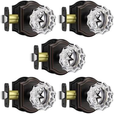 Imagem de MAXECURITY Pacote com 5 maçanetas de porta de vidro, maçanetas de porta de cristal em forma de roseta com trava, maçanetas de bronze polido a óleo interior vidro