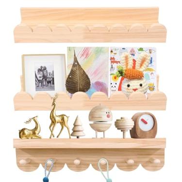 Imagem de Prateleira de parede de madeira recortada com gancho, prateleiras de livros para berçário, suporte de carga forte, prateleira de parede flutuante de madeira para berçário, sala de estar, quarto de