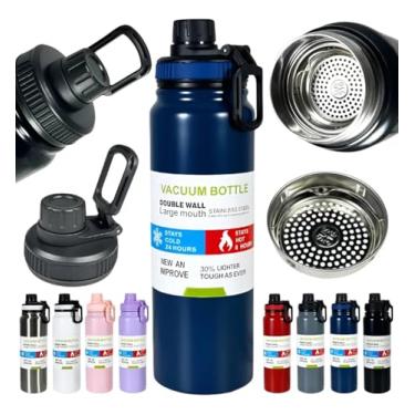 Imagem de Garrafa Térmica Esportiva, Aço Inox, 800ml, Parede Dupla, Isolamento a Vácuo, Antivazamento, Alça para Transporte, Azul