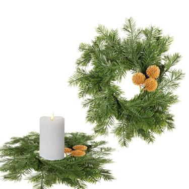 Imagem de Anel de vela de pinheiro verde, guirlanda de Natal, folhas de pinheiro artificiais, enfeite de guirlanda de frutas douradas para decoração de mesa de Natal, Ano Novo, casa de fazenda, mesa de Natal