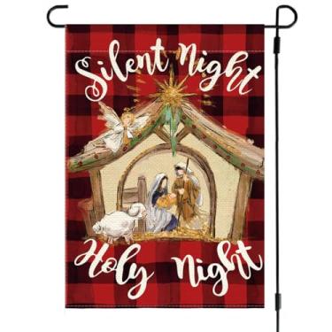 Imagem de RABUSOFA Bandeira de jardim de Natal para presépio ao ar livre 30,5 x 45,7 cm, dupla face, bandeiras de jardim xadrez de noite santa silenciosa de inverno, bandeiras de jardim de decorações de Natal religiosas de feriado (F)