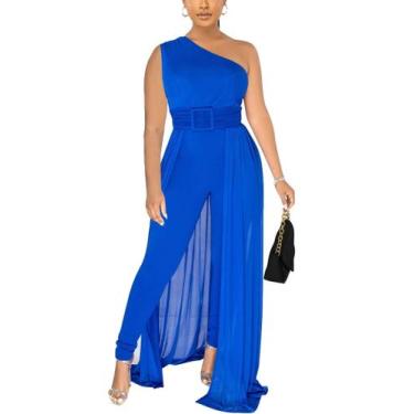 Imagem de Macacão feminino chicyes, de um ombro, elegante, plus size, azul