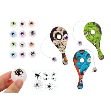 Imagem de Bolas falsas de zumbi de pingue-pongue de Halloween para brinquedo de gato, decoração ou tênis de mesa - 12 peças multicoloridas + 1 tatuagem de aranha (com 3 raquetes de monstro de madeira com bolas