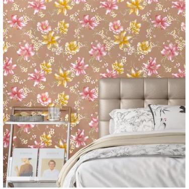 Imagem de Yullpaper Papel de parede floral rosa claro descasque e cole papéis de parede vintage para quarto destaque flores de parede adesivo em papel de parede floral amarelo removível vinil decoração amigável