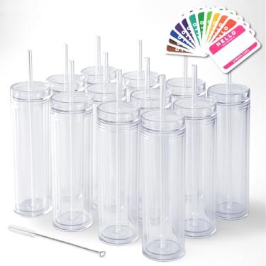 Imagem de Skinny Tumblers 12 copos de acrílico transparente com tampas e canudos | Skinny, copos de plástico transparente de parede dupla de 473 ml com limpador de canudo grátis e etiquetas de nome! Copo reutilizável com canudo (transparente, 12)