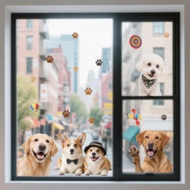 Imagem de ANATTASOUL Adesivos de janela estática impressões de cachorro e patas 1 folha de decalques reutilizáveis para vidro, 120 cm x 30 cm adesivo de janela dupla face removível para quarto, escritório