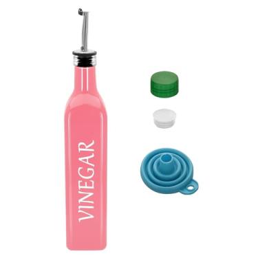 Imagem de 1 garrafa dispensadora de azeitona de 500 ml, conjunto dispensador de óleo de vidro e vinagre de 500 ml com 1 dosador de aço inoxidável, frascos de funil para cozinha (vinagre rosa)
