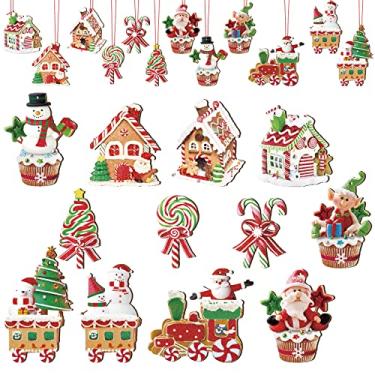 Imagem de 24 peças de enfeite de casa de doces de Natal doces pirulito ornamentos de natal trem decorações suspensas de madeira pingentes de casa de gengibre com fitas vermelhas decoração de árvore de Natal para suprimentos de festa de Natal