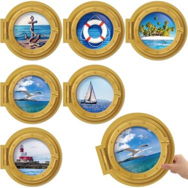 Imagem de Viozakanry 6 estilos grandes recortes náuticos 28 centímetros impressão dupla cenário de cabine detalhes náuticos âncora veleiro farol praia boia salva-vidas gaivota decorações para quadro de avisos