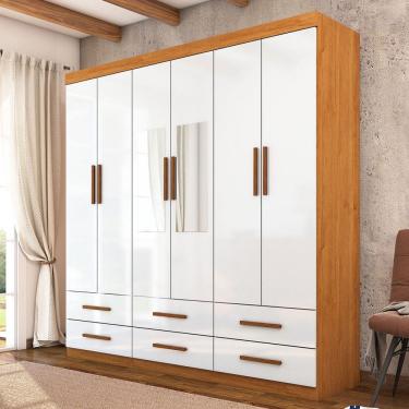 Imagem de Guarda-Roupa Solteiro Denver 6 Portas 6 Gavetas com Espelho Cinamomo/Branco - Carioca Móveis
