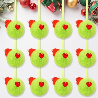 Imagem de WGXX 16 peças de enfeites de bola de Natal peluda verde limão com coração vermelho e mini chapéus 7 cm enfeites de Natal verdes Haning para árvore de Natal, guirlanda de lareira e parede de cornija