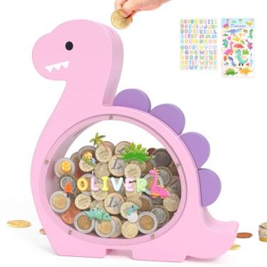 Imagem de Summidate Cofrinho de dinossauro de madeira para crianças, meninos, lindo cofre de madeira para crianças, pote de moedas criativo, presente personalizado para aniversário e decoração de crianças