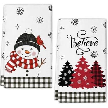 Imagem de Conjunto de 2 toalhas de cozinha de Natal, 45,7 x 66 cm, panos de prato absorventes de floco de neve, boneco de neve, toalhas de mão de férias de secagem rápida para cozinha e banheiro, decorações