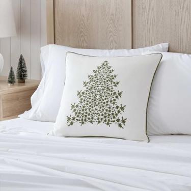 Imagem de Martha Stewart - Almofada decorativa, almofada de lona de algodão com fecho de zíper oculto, travesseiro quadrado para cama ou sofá (árvore de férias verde, 50,8 cm x 50,8 cm)