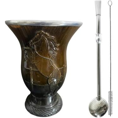 Imagem de Kit Cuia de Chimarrão Artesanal com Gravura de Cavalo, Marrom Escuro, com Bomba de Chimarrão Inox 21cm C/Anel Cuia com Rosca e Bocal Duplo + Escova de Limpeza