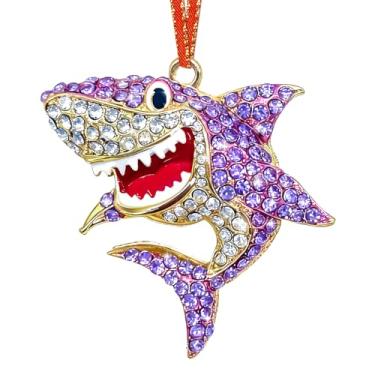 Imagem de HEYINSHEN Ornamento de Natal de tubarão metálico roxo para árvore de Natal, litoral, mar, oceano, Havaí, praia, tema natalino, strass, bebê, tubarão, presentes pendurados para meninas, mulheres