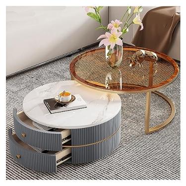 Imagem de Mesa de centro de design simples, mesa de centro redonda de 68 cm, conjunto de 2 mesas modernas com mesa de mármore falso e moldura de metal resistente, com gavetas de armazenamento, mesa de chá
