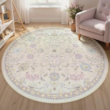 Imagem de Joydeco Boho Tapetes redondos laváveis para quarto de bebê de 1,8 m, tapete circular floral para sala de estar, tapete circular floral antiderrapante para quarto de crianças, sala de jogos, dormitório