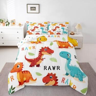 Imagem de Feelyou Jogo de cama solteiro com desenho animado de dinossauros, folhas verdes, conjunto de edredom para quarto de crianças, meninos, meninas, decoração kawaii, vida selvagem, microfibra, ultramacia