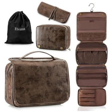 Imagem de Necessaire Masculina de Couro, 3 em 1, ELVIROS, Marrom