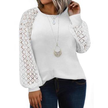 Imagem de Camisa feminina Eytino, tamanho grande, gola redonda, renda, manga com