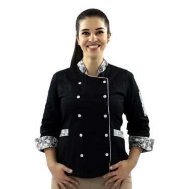 Imagem de Dólmã Feminina Para Chef De Cozinha Floral Preto Uniforme 100% Algodão
