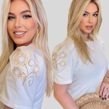 Imagem de Blusa Bordada Princesa Feminina Algodão com Elastano - NoBrand, Flor, 