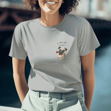 Imagem de Camiseta Feminina Básica Algodão Lisa Branca Cinza Verão Pug