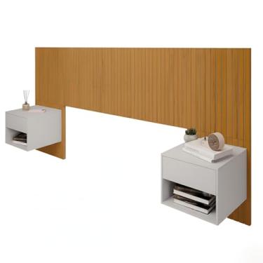 Imagem de Cabeceira Adesiva Ripado com 2 Mesas de Cabeceira Suspensa Sofia 1 Gaveta e Nicho - LH Móveis (Amadeirado - Mesa Off White)