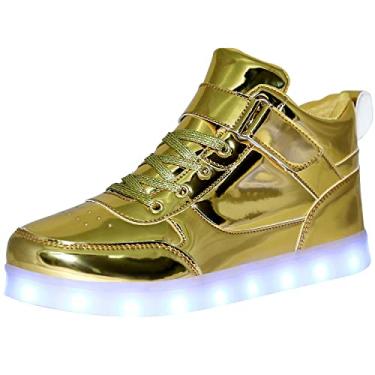 Imagem de JEVRITE Tênis unissex com luz LED de carregamento USB cano alto para mulheres, masculino, tênis, sapatos para casais, Dourado, 13 Women/9.5 Men