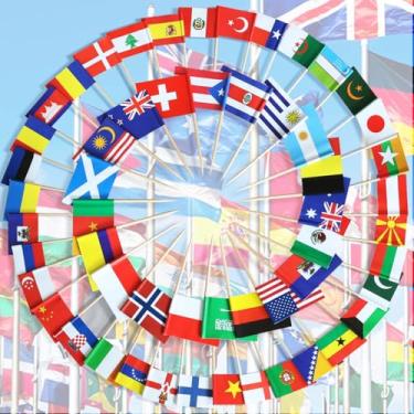 Imagem de Bandeira sortida de 100 países diferentes - Impressão dupla face vívida e palheta lisa sólida - Decoração de festa coquetel palito de frutas Cupcakes Toppers (100 peças)