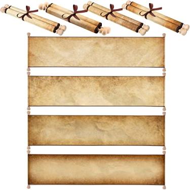 Imagem de 4 peças de pergaminhos de papel em branco em varetas de madeira, vintage de queda rápida, velho rolo em branco envelhecido para escrever, desenhar, caligrafia, convites de casamento, festivais