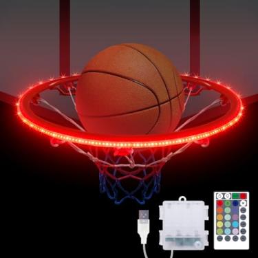 Imagem de OMIKA Luminária LED de cesta de basquete de 1,8 m, luzes de aro de basquete RGB com controle remoto 16 cores, 4 modos de iluminação e temporizadores, luz LED à prova d'água, brilhante para brincar ao