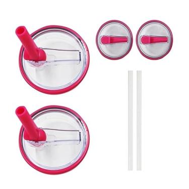 Imagem de Pacote com 2 tampas transparentes de substituição com canudos dobráveis para copos Stanley de 1,134 g - à prova de vazamento e vem com 2 canudos extras (rosa vermelha)