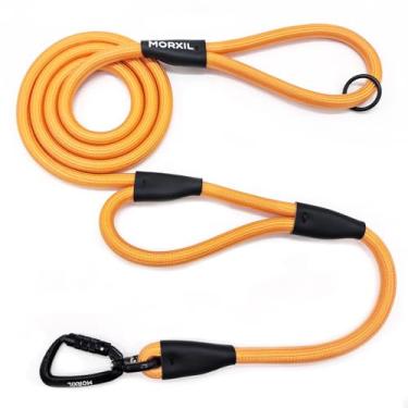 Imagem de MORXIL Coleira de corda para cães com duas alças, coleira resistente para cães de 1,8 m com mosquetão de travamento automático de alumínio de aviação, guia de nylon forte para cães pequenos, médios e