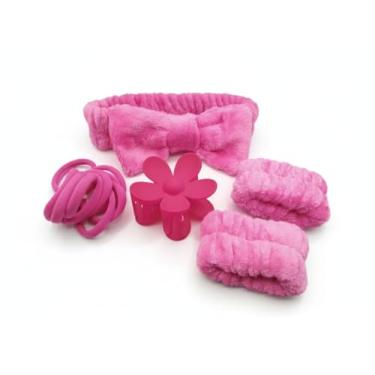 Imagem de Kit de Acessórios para Beleza, Conjunto com Tiara de Laço Preta Aveludada, Pulseiras Absorventes, Piranha Floral e Elásticos para Cabelo, para Skincare e Maquiagem (Pink)