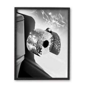 Imagem de iHery Pequena bola de discoteca de madeira de carvalho natural preta de 20,3 x 25,4 cm, arte de parede emoldurada de madeira de carvalho natural, decoração moderna de banheiro, arte de parede em tela